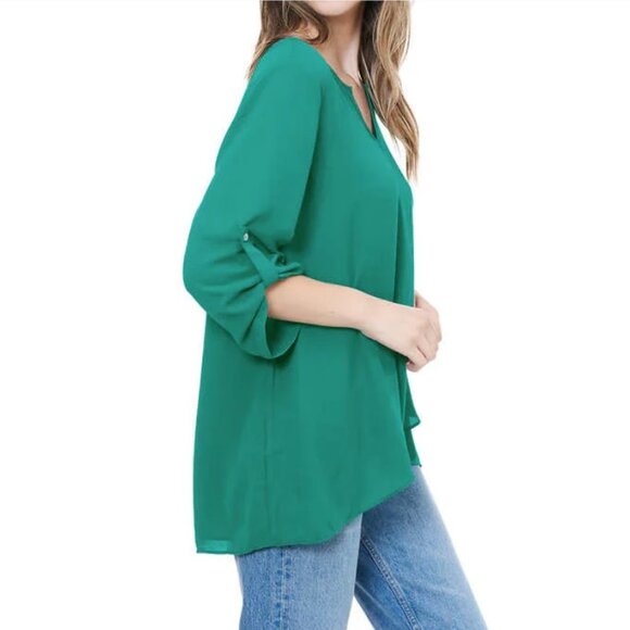 Christina B Turquoise Long Sleeve V-Neck Blouse, Size XL, High-Low Style - Picture 2 of 7